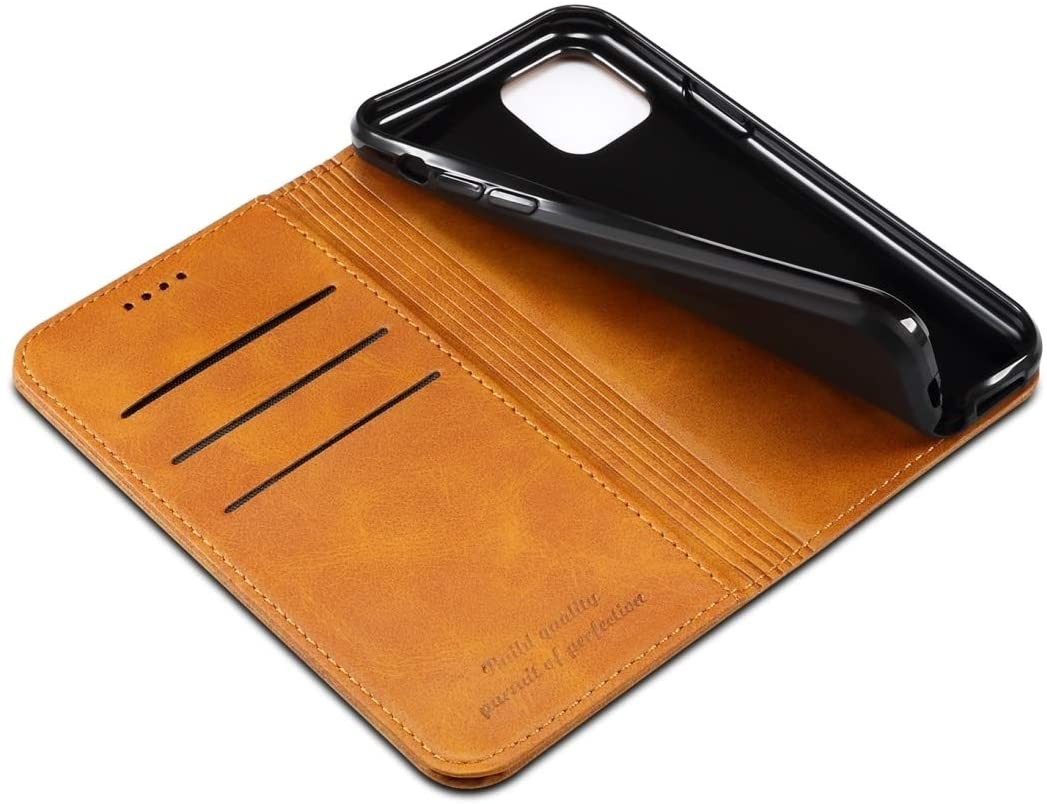 Suteni Leder Geldbörse Hülle Khaki für iPhone 12 Pro