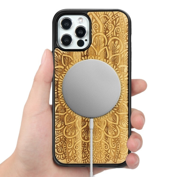 Holzfurnier Mandala Geprägte Magsafe-Hülle Magnetische TPU-Schockschutzhülle Für iPhone 12 Pro Max (Bambus)