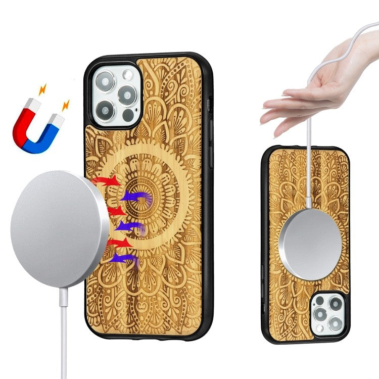 Holzfurnier Mandala Geprägte Magsafe-Hülle Magnetische TPU-Schockschutzhülle Für iPhone 12 Pro Max (Bambus)