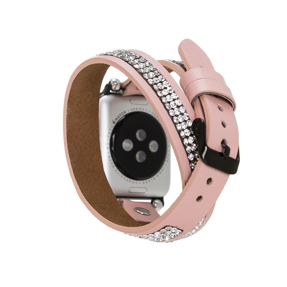 Bouletta Double Tour Lederarmband mit Kristall für Applewatch 42mm / 44 mm - Nackt Pink