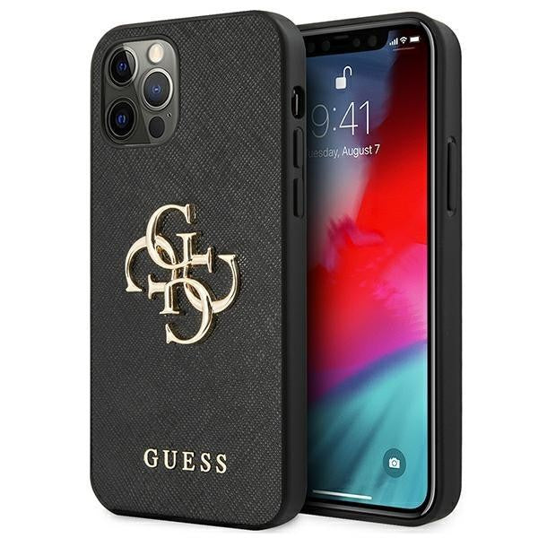 Guess iPhone 12/12 Pro 6.1" schwarz / schwarzes Hardcase Saffiano 4G Metall Logo