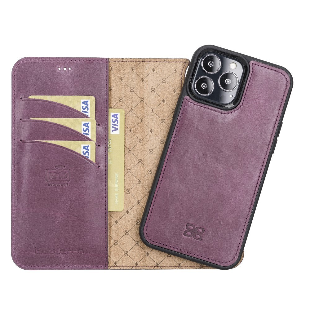 Bouletta Magnetische abnehmbare Handyhülle aus Leder mit RFID-Blocker für iPhone 13 Pro Max Lila
