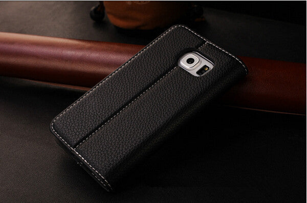 Schwarz Edel Leder Book Tasche Kreditkarten fach Galaxy S6