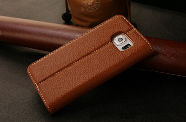 Braun Edel Leder Book Tasche Kreditkarten fach Galaxy S6 Edge