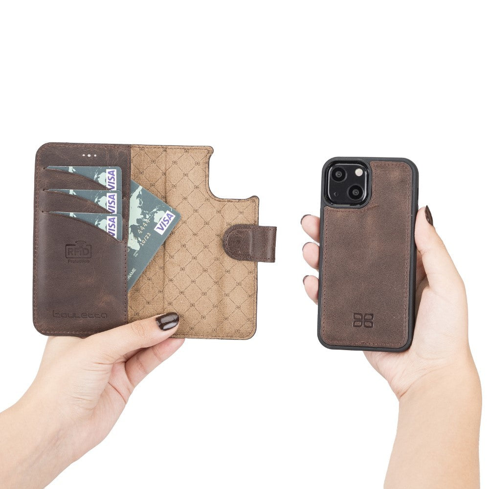 Bouletta Magnetische abnehmbare Handyhülle aus Leder mit RFID-Blocker für iPhone 13 Mini - Braun