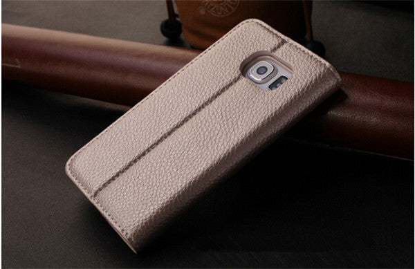 Gold Edel Leder Book Tasche Kreditkarten fach Galaxy S6 Edge