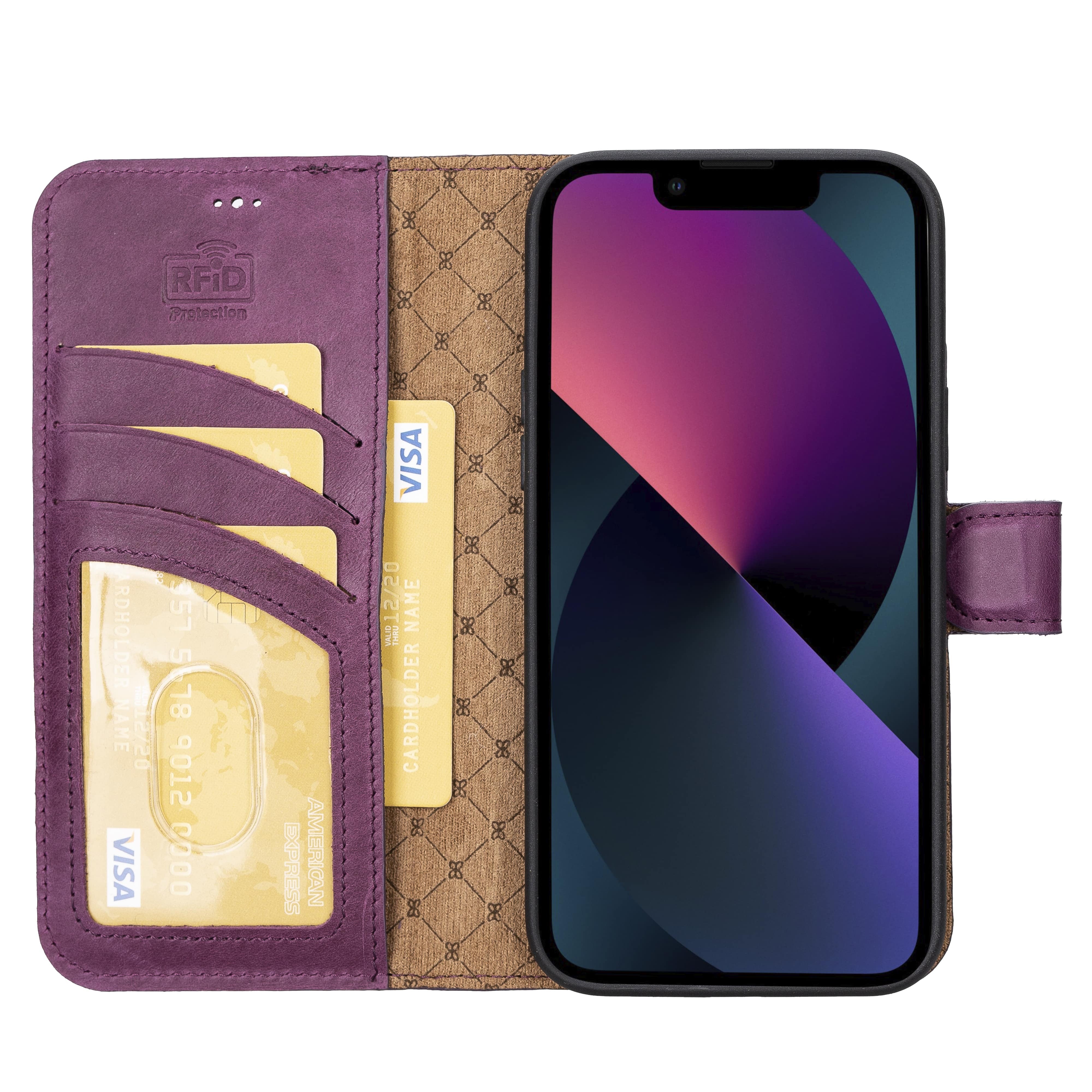 iPhone 14 Plus Magnetische abnehmbare Handyhülle aus Leder mit RFID-Blocker Lila