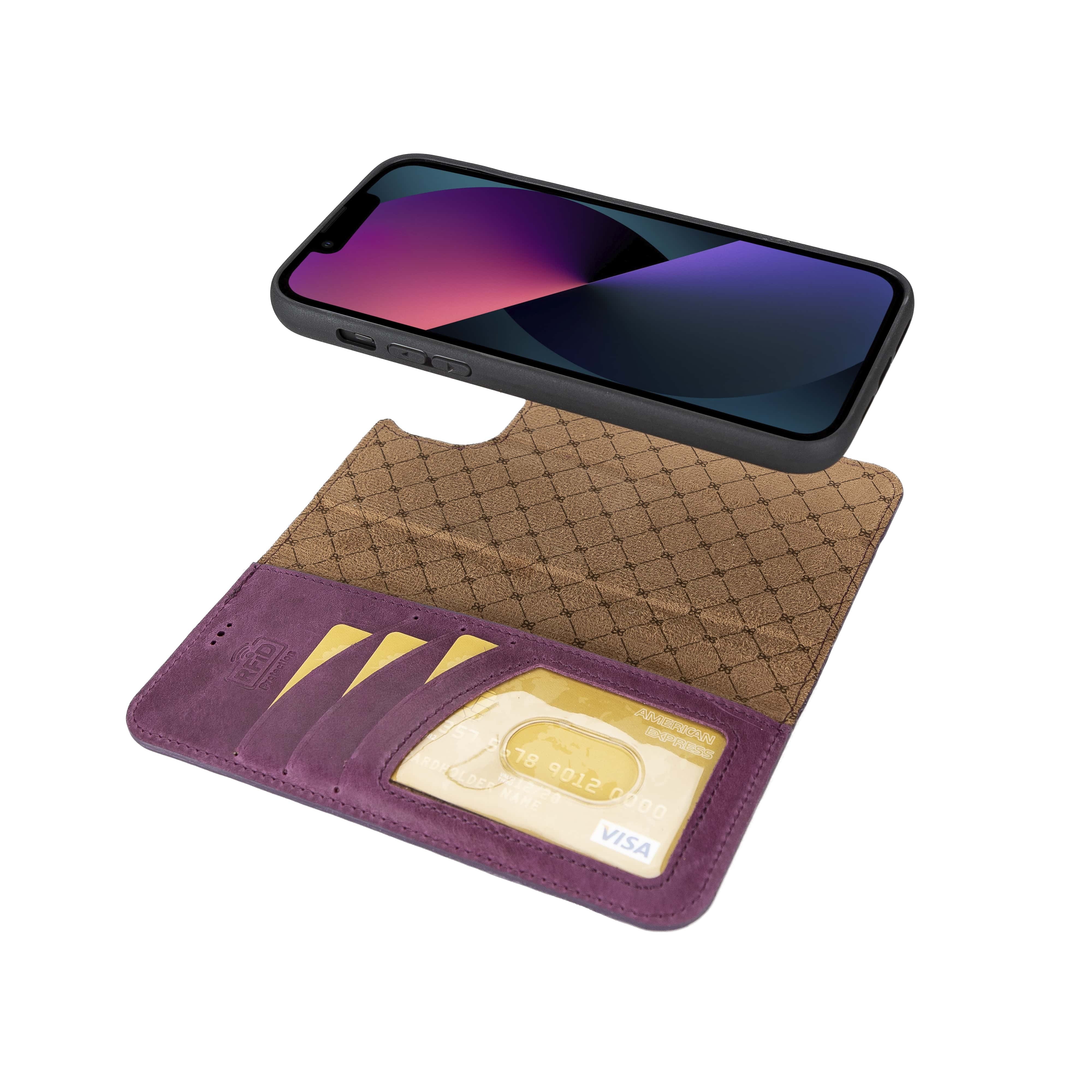 iPhone 14 Plus Magnetische abnehmbare Handyhülle aus Leder mit RFID-Blocker Lila