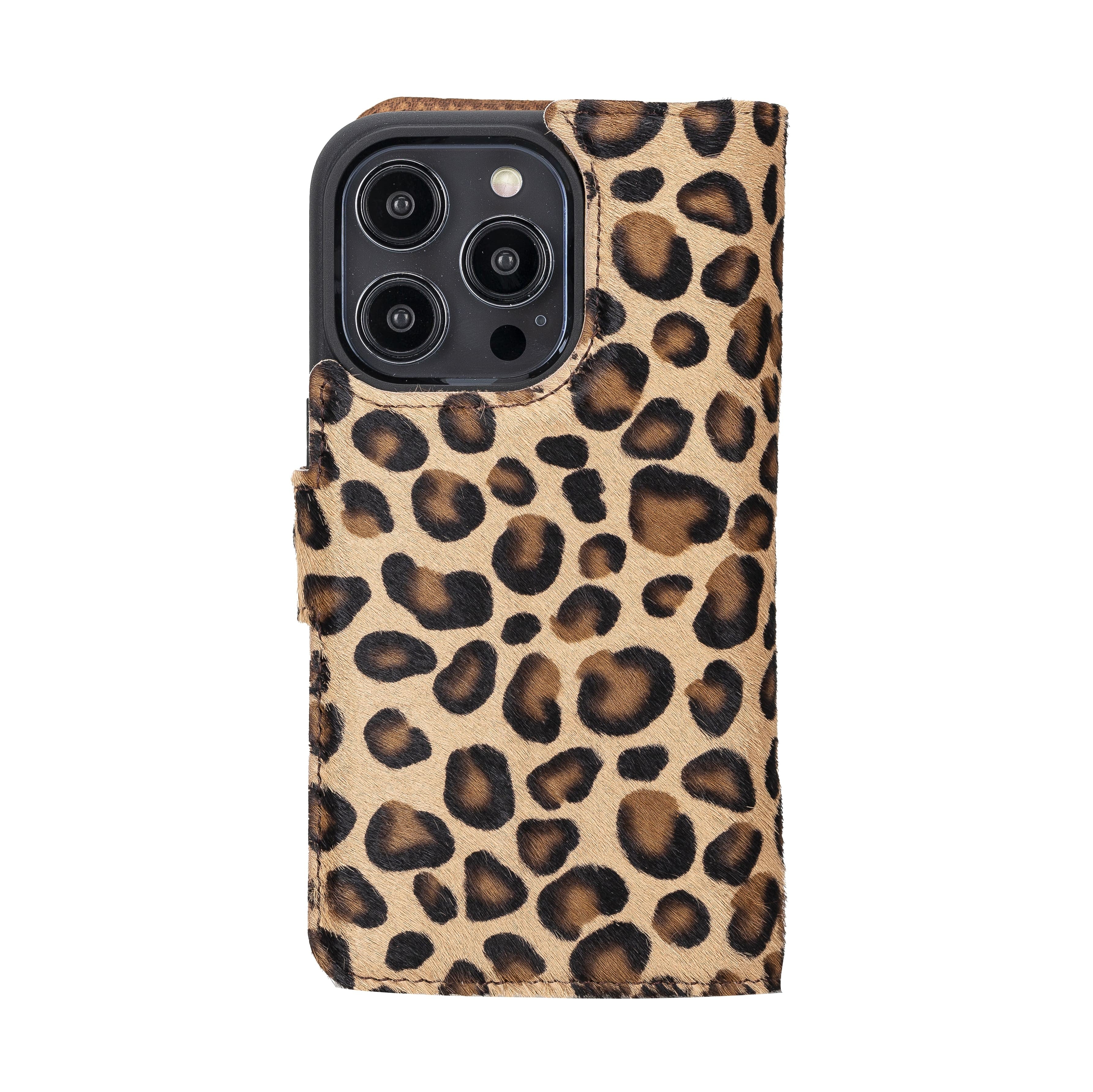 iPhone 14 Pro Max Magnetische abnehmbare Handyhülle aus Leder mit RFID-Blocker - Leopard