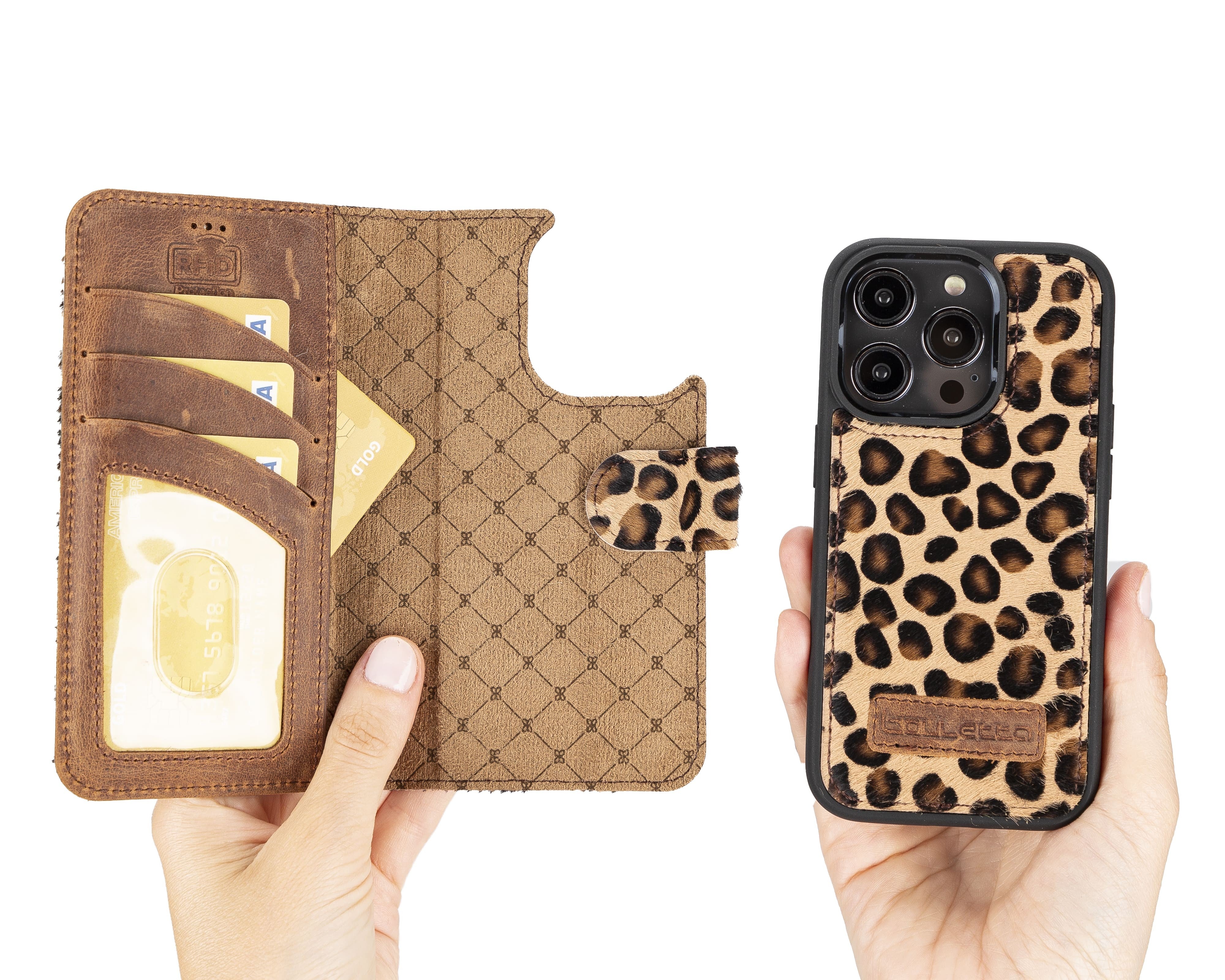 iPhone 14 Pro Max Magnetische abnehmbare Handyhülle aus Leder mit RFID-Blocker - Leopard