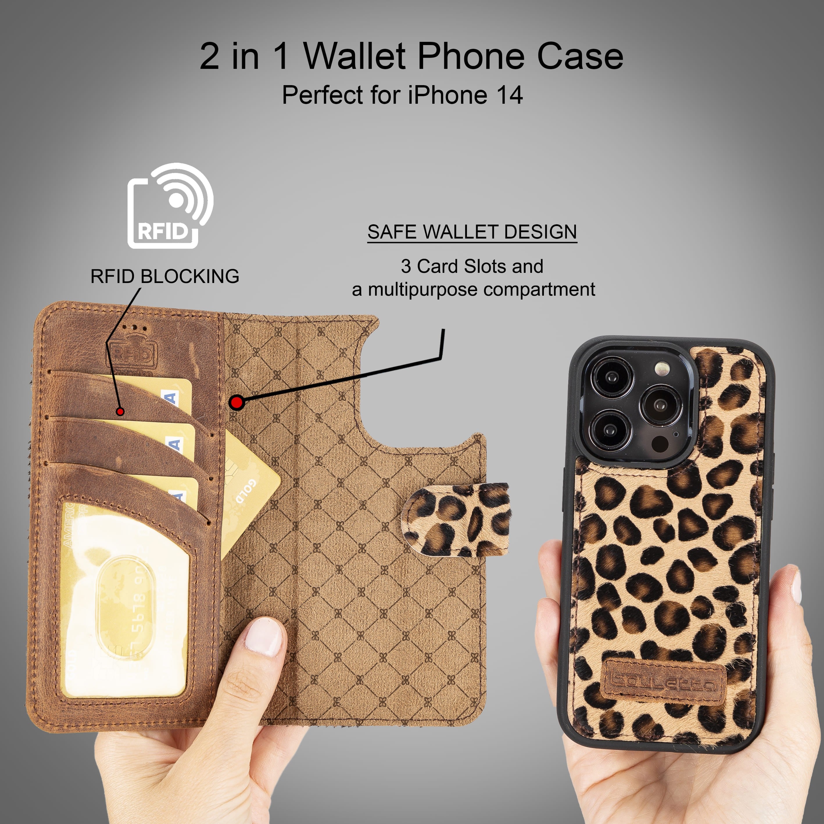 iPhone 14 Pro Max Magnetische abnehmbare Handyhülle aus Leder mit RFID-Blocker - Leopard
