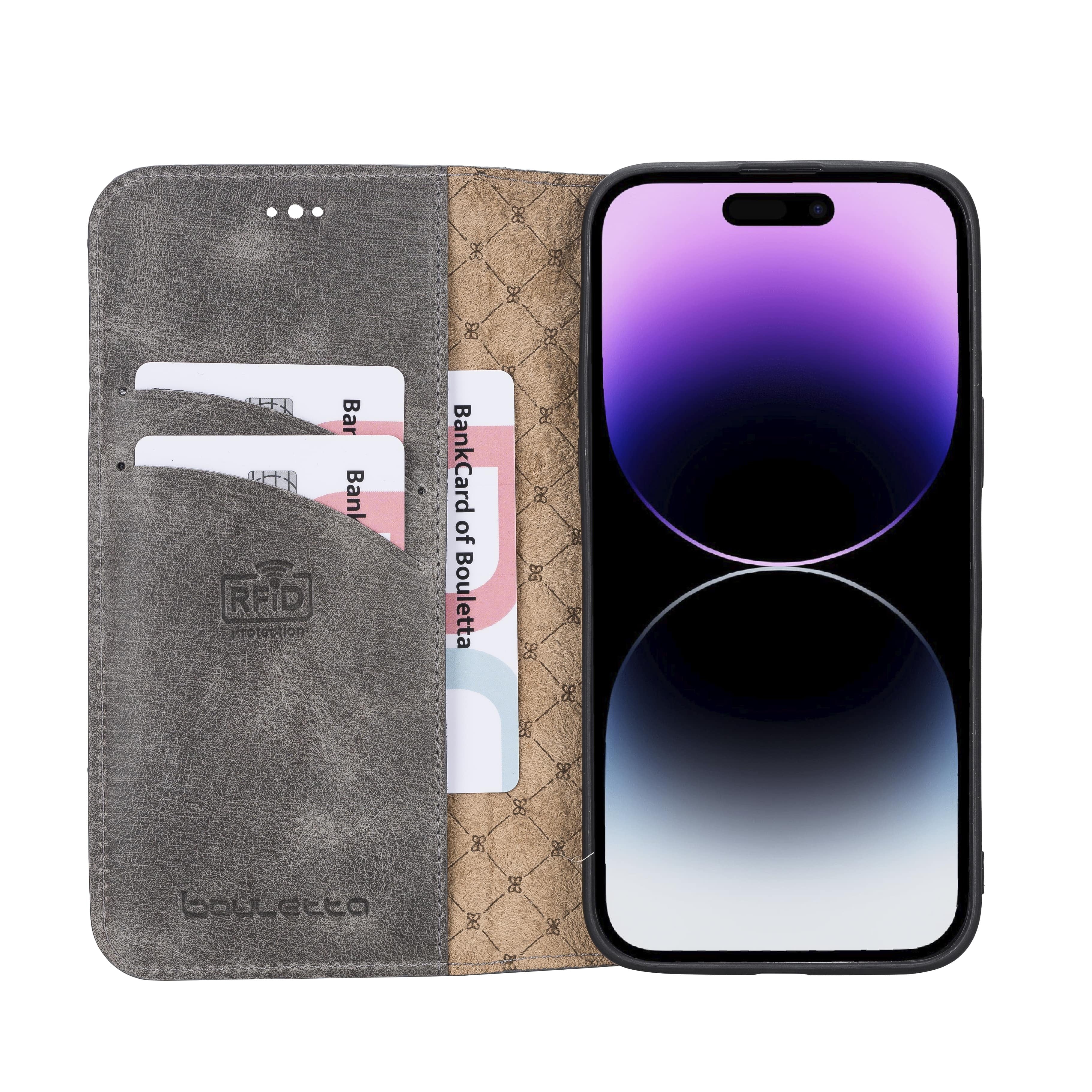 iPhone 14 Bouletta Brooks Leder Slim Etui Grau
