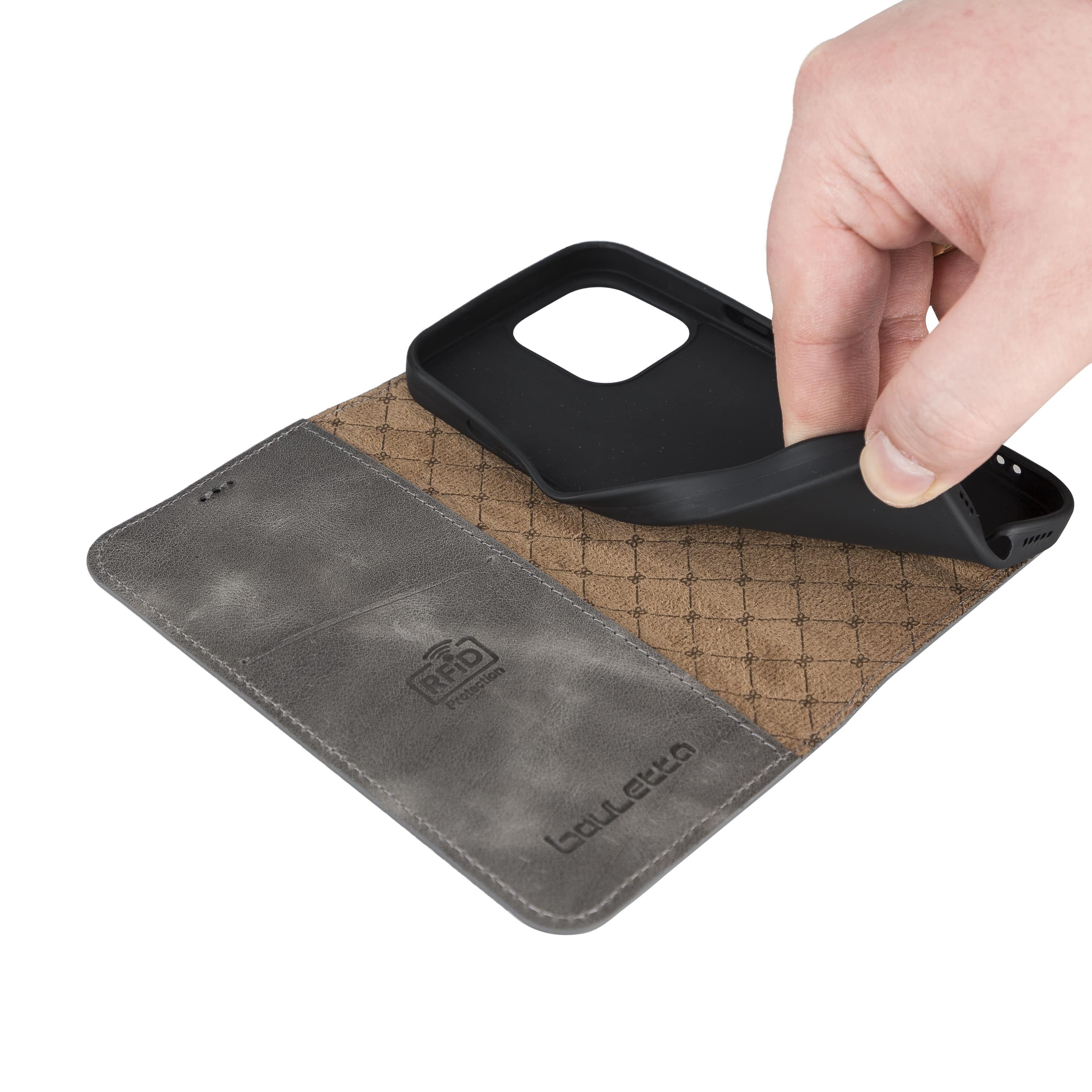 iPhone 13 Pro Max Bouletta Brooks Leder Slim Etui Grau