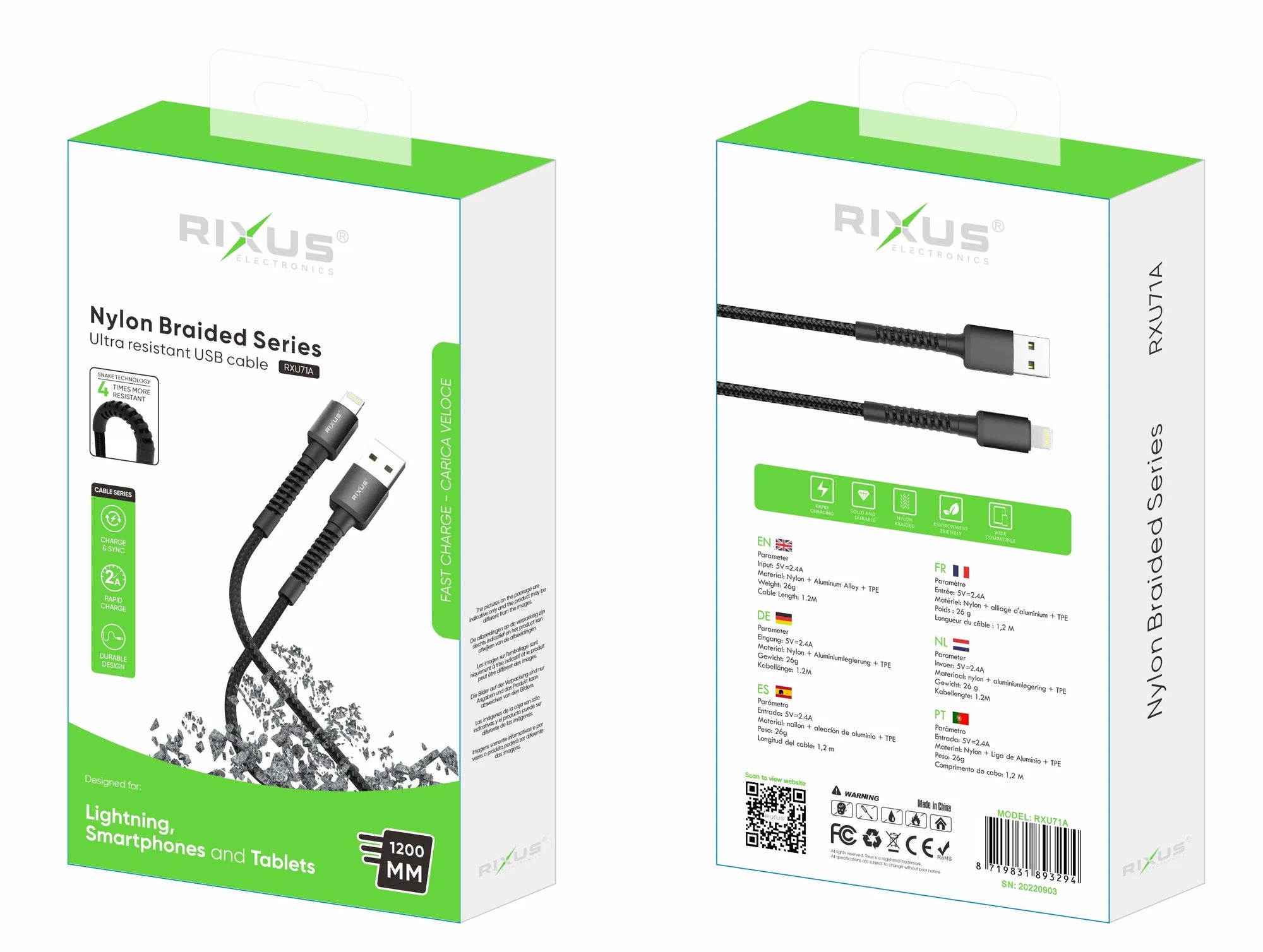Rixus RXU71A 120 cm USB-A zu Lightning Geflochtenes Kabel – Schwarz