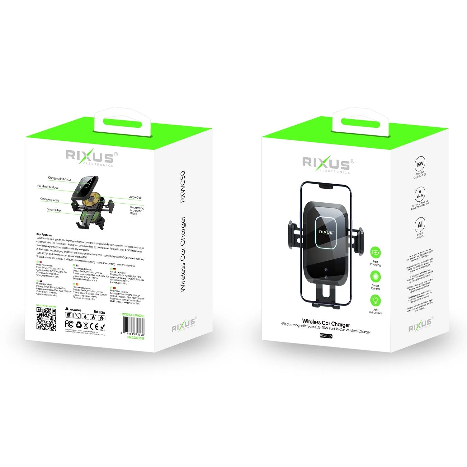Rixus RXWC50 Auto Handyhalterung mit 15W Qi-Schnellladung – Schwarz