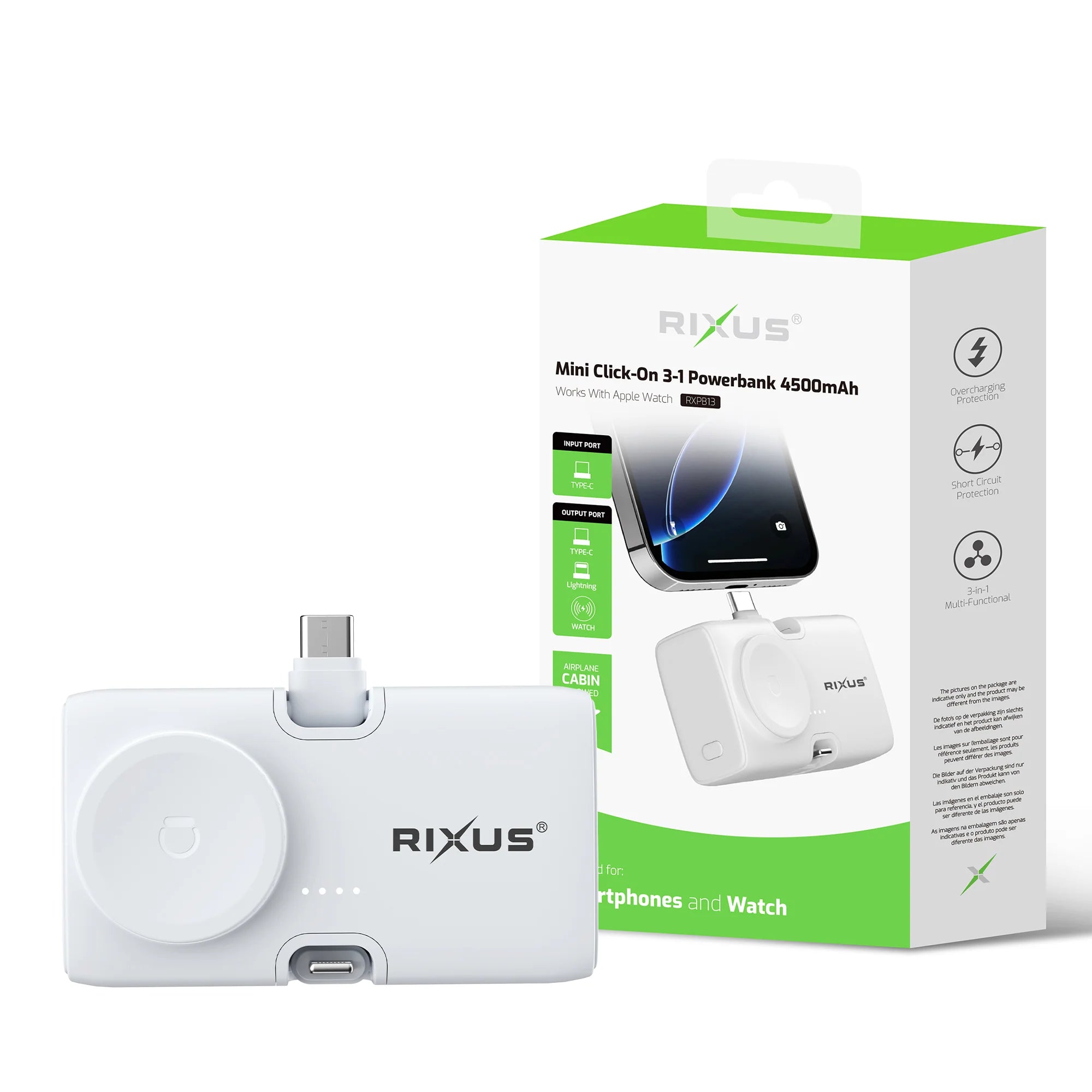 Rixus | Mini Click-On 3-in-1 Powerbank 4500mAh