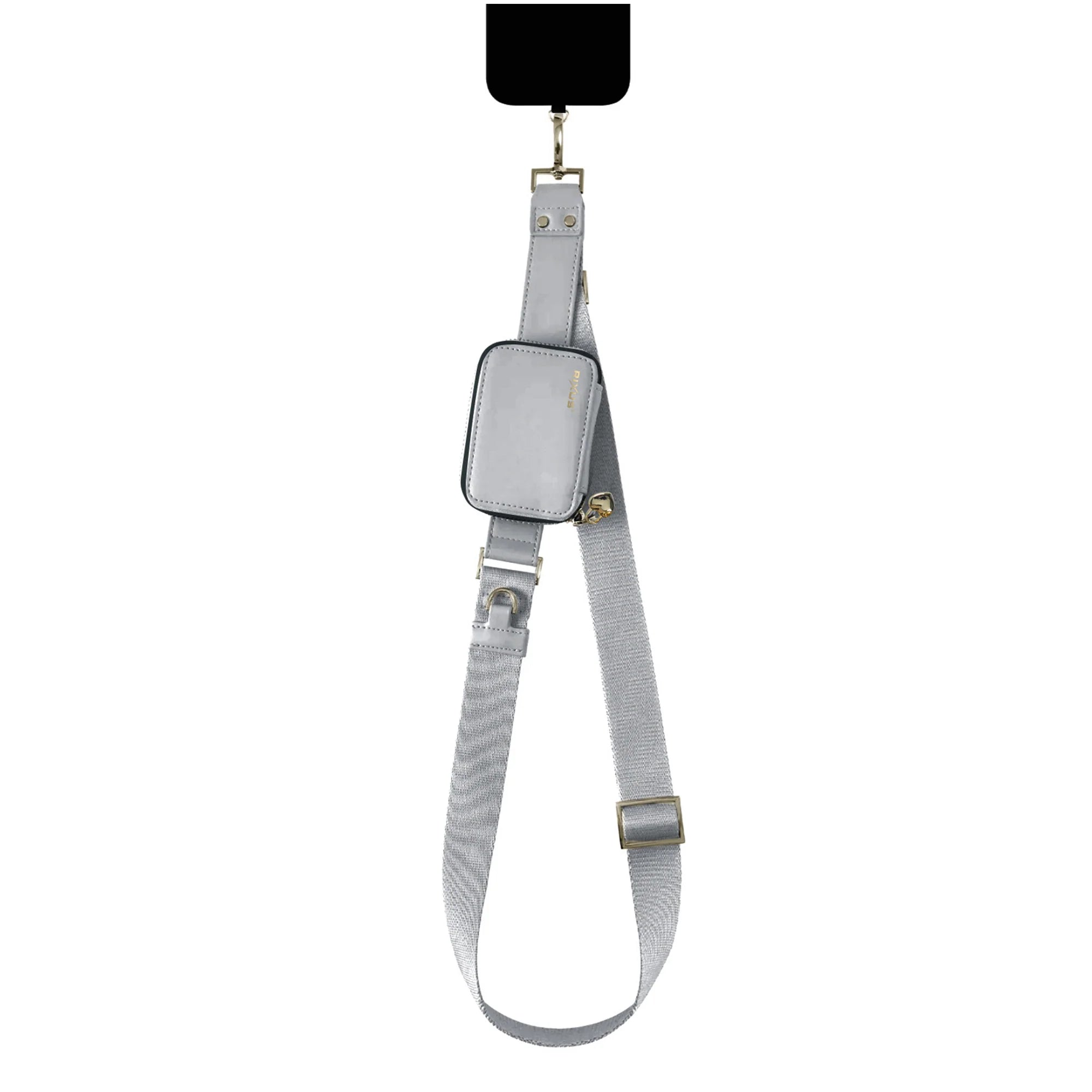 Verstellbares smartphone trageband grau mit Tasche für sicheren Halt und Komfort.