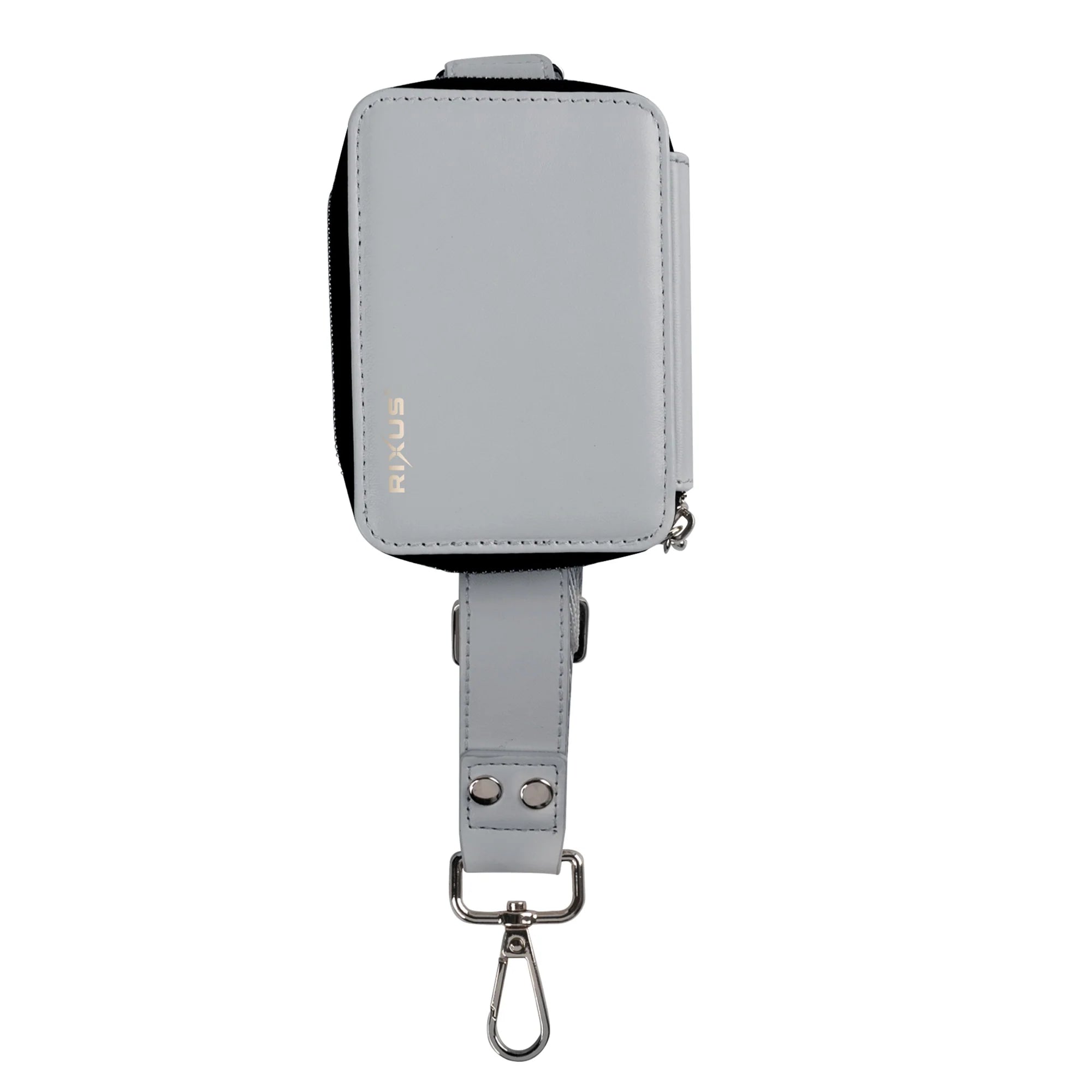 Verstellbares Smartphone Trageband Grau mit Tasche und Karabinerhaken für optimalen Komfort und Sicherheit.