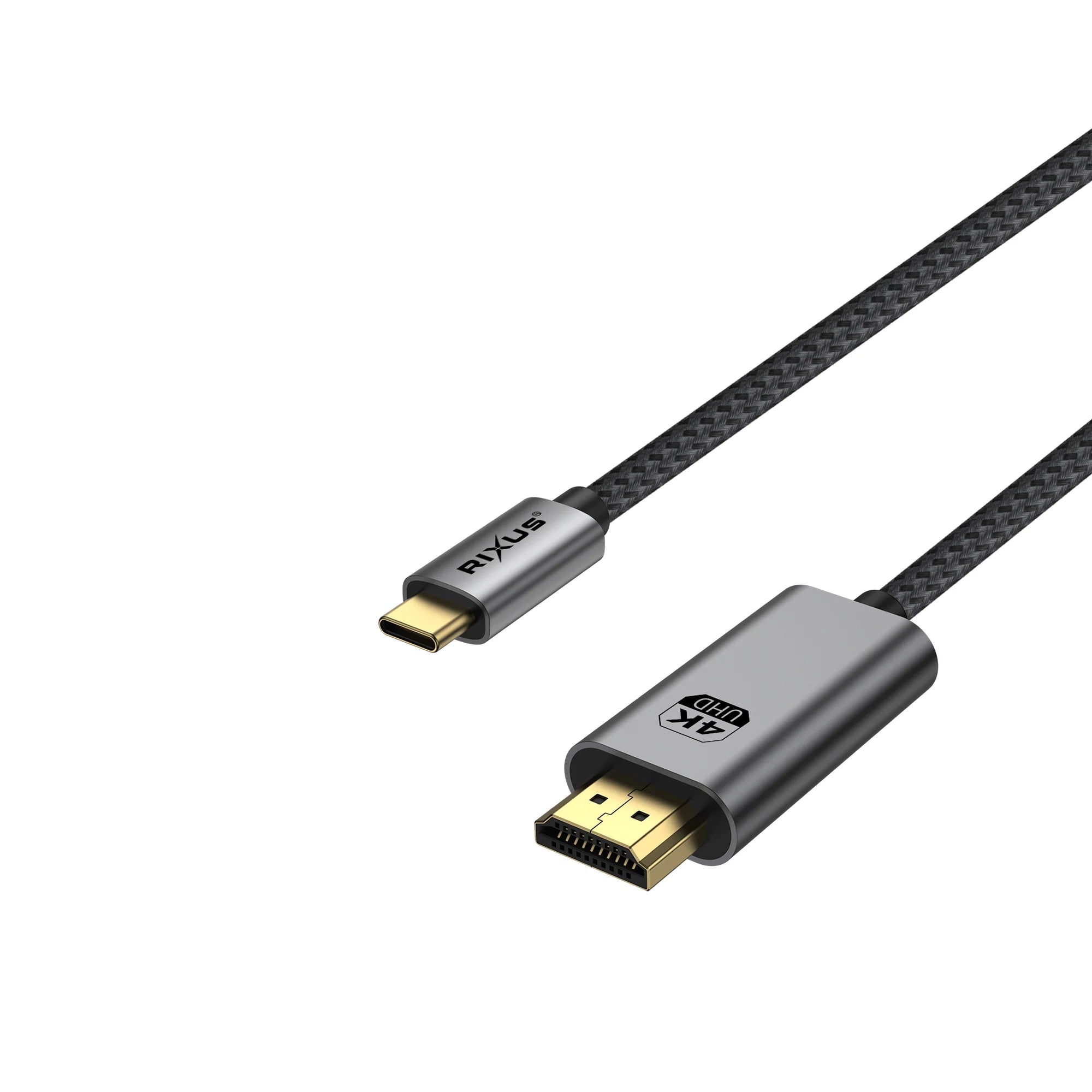 Rixus RXHU15 USB-C zu HDMI Kabel 4K, 1,8m, geflochten, ideal für stabile Bildübertragung auf HDMI-Geräte.