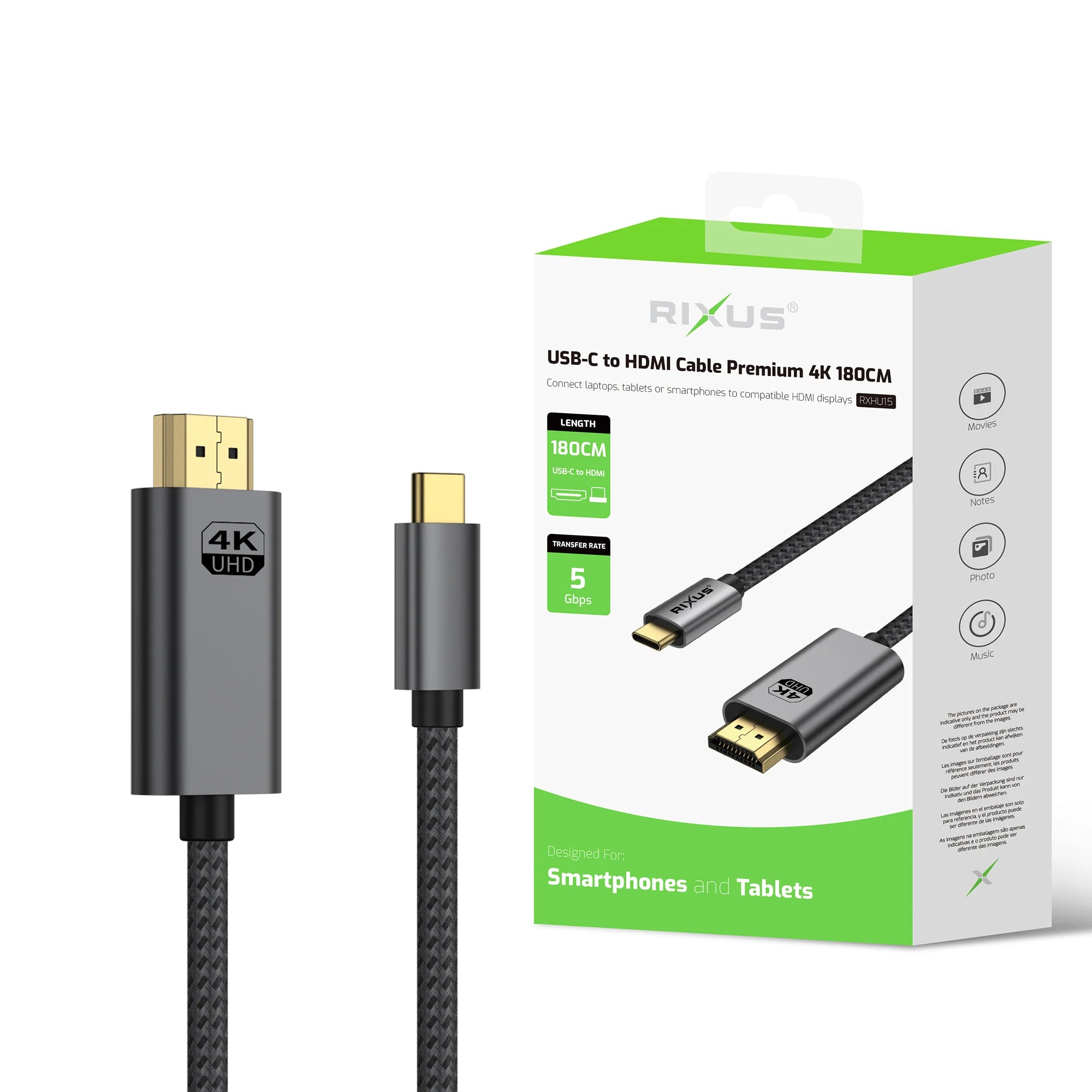 Rixus RXHU15 USB-C zu HDMI Kabel 4K Premium mit geflochtenem Kabel für stabile Bildübertragung.