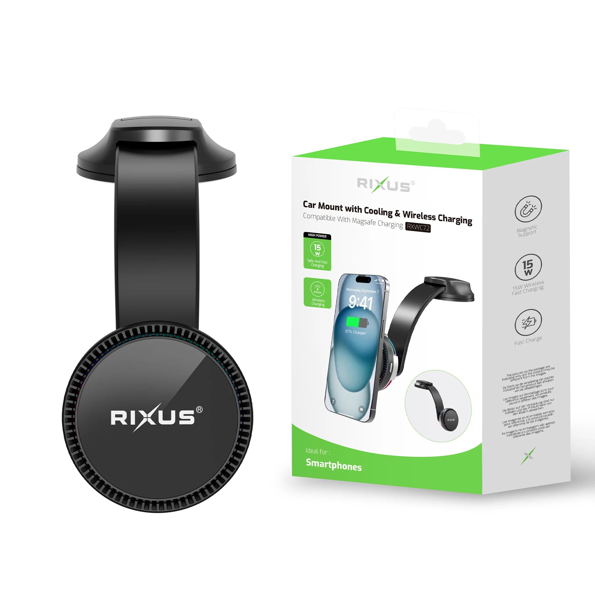 Rixus RXWC72 Auto Handyhalterung mit Kühlung & kabellosem Laden 15W – Schwarz