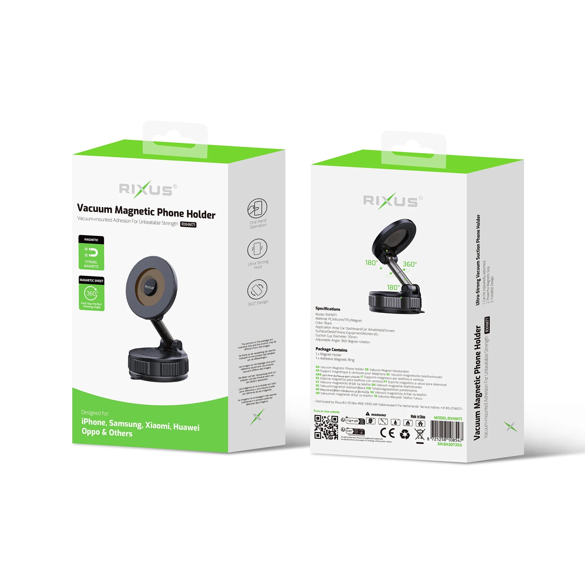 Verpackung der magnetischen Handyhalterung mit innovativer Vakuum-Saugnapf-Technologie von RIXUS.