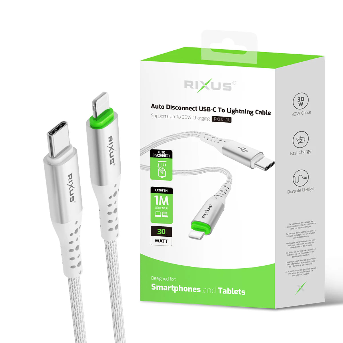 Rixus USB-C zu Lightning Kabel (100cm, Weiss) – Auto Disconnect, 30W