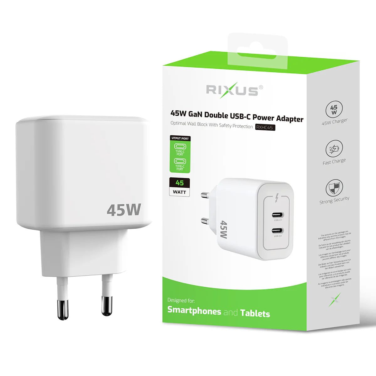 Rixus 45W GaN Dual USB-C Schnellladeadapter – White