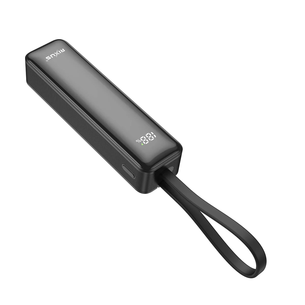 Rixus | Powerbank 5000mAh mit Digitaldisplay & integriertem USB-C Kabel – Schwarz