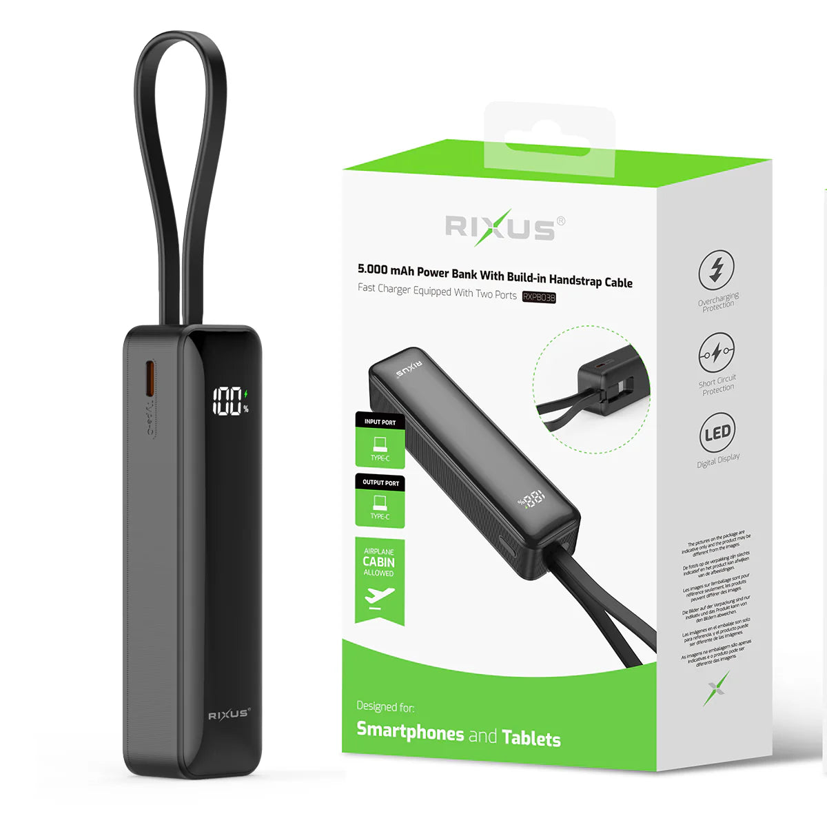 Rixus | Powerbank 5000mAh mit Digitaldisplay & integriertem USB-C Kabel – Schwarz
