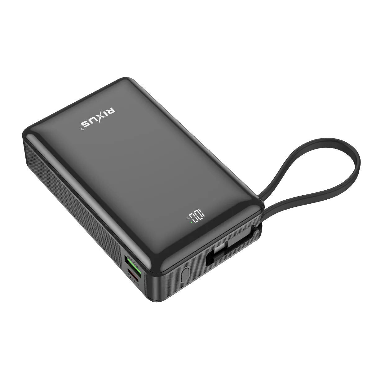 Rixus | Powerbank 20.000mAh mit Digitaldisplay & integriertem USB-C Kabel – Schwarz