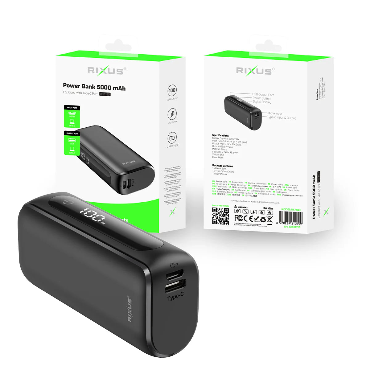 Rixus | Kompakte Powerbank 5000mAh mit Digitaldisplay – Schwarz