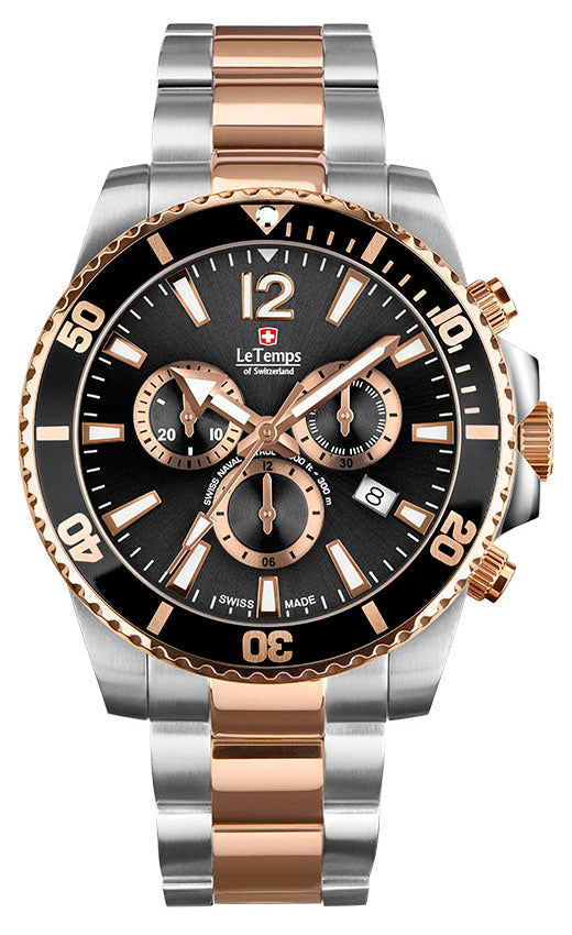 LeTemps SWISS NAVAL P. Q. CHRONO SAPHIR DIVER WATCH 300M
