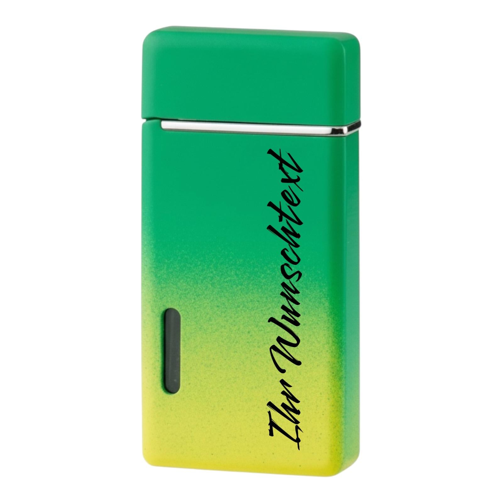 Eurojet Sturmfeuerzeug Rainbow in grün-gelbem Farbverlauf mit Platz für Gravur des Wunschtexts.