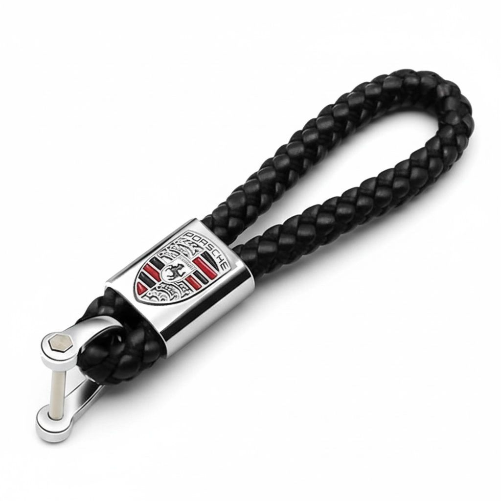 Porsche Schlüsselanhänger Leder Schwarz (Auf Wunsch mit Gravur)