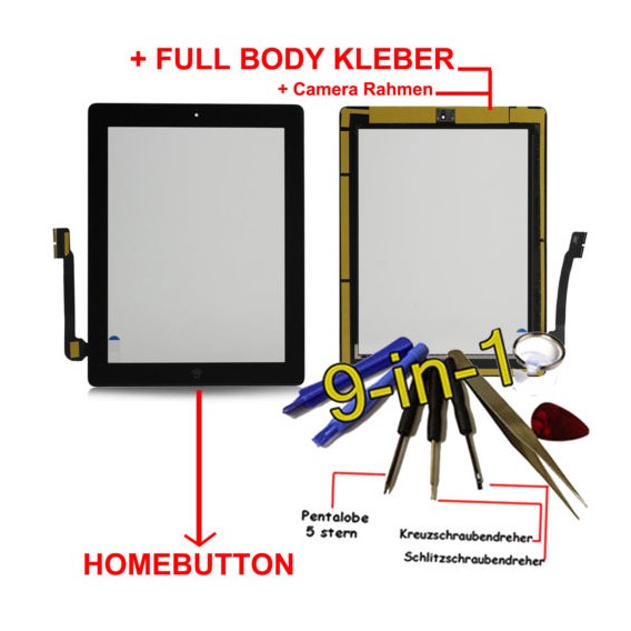 iPad 3 Touchscreen Glas Schwarz Homebutton und Kleber