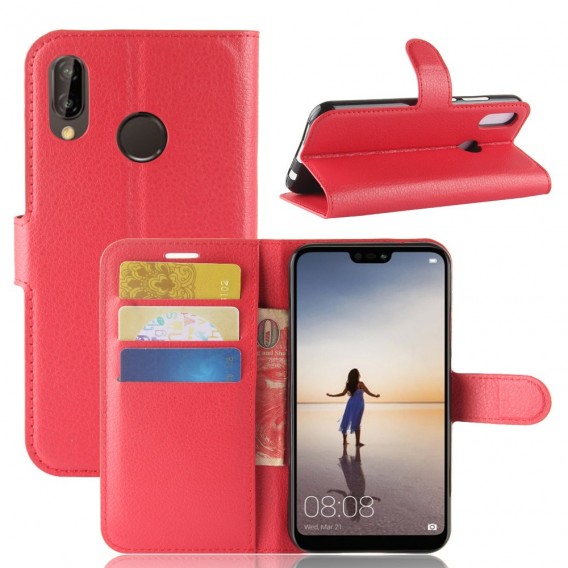 Leder Book Case Etui Huawei P20 Lite Rot