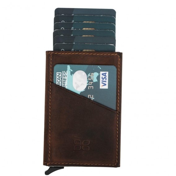 Bouletta Mini Kreditkarten Leder Etui Geldbörse mit Kartenauswurf-Mechanismus (RFID Schutz) - Braun
