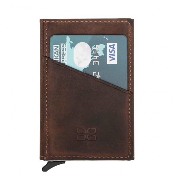 Bouletta Mini Kreditkarten Leder Etui Geldbörse mit Kartenauswurf-Mechanismus (RFID Schutz) - Braun