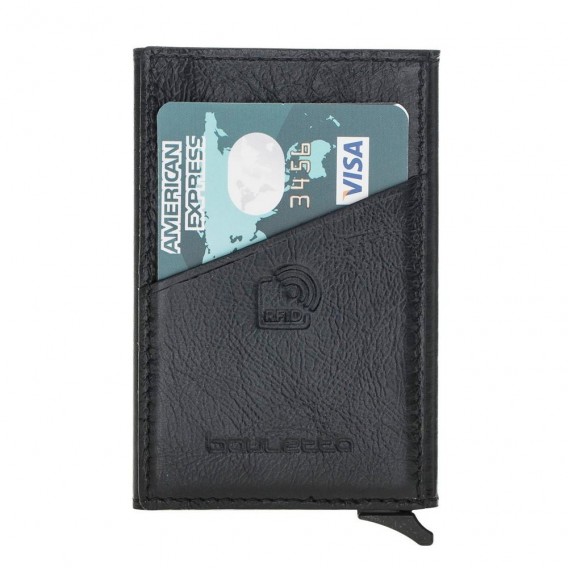 Bouletta Mini Kreditkarten Leder Etui Geldbörse mit Kartenauswurf-Mechanismus (RFID Schutz) - Schwarz