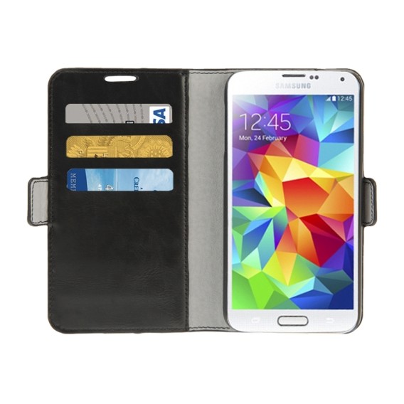Leder Kreditkarte Etui Tasche Samsung Galaxy S5 Schwarz