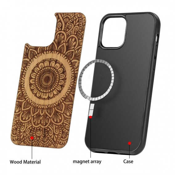 Holzfurnier Mandala Geprägte Magsafe-Hülle Magnetische TPU-Schockschutzhülle Für iPhone 12 Pro Max (Kirschbaumholz)