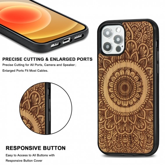 Holzfurnier Mandala Geprägte Magsafe-Hülle Magnetische TPU-Schockschutzhülle Für iPhone 12 Pro Max (Kirschbaumholz)