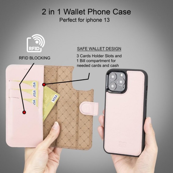 Bouletta Magnetische abnehmbare Handyhülle aus Leder mit RFID-Blocker für iPhone 13 Pro Max Sand