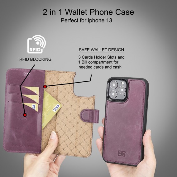 Bouletta Magnetische abnehmbare Handyhülle aus Leder mit RFID-Blocker für iPhone 13 Pro Max Lila