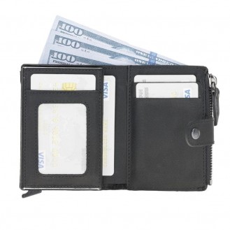RFID Kartenhalter mit Münzfach Echt Leder Schwarz