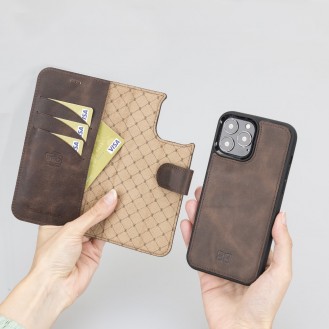 Bouletta Magnetische abnehmbare Handyhülle aus Leder mit RFID-Blocker für iPhone 14 Pro Max Antik Braun