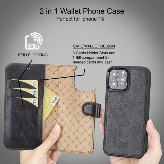 Bouletta Magnetische abnehmbare Handyhülle aus Leder mit RFID-Blocker für iPhone 14 Max Schwarz