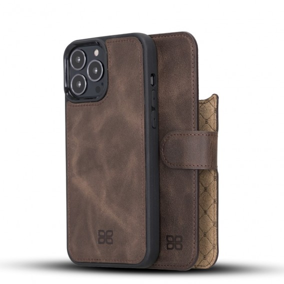 Bouletta Magnetische abnehmbare Handyhülle aus Leder mit RFID-Blocker für iPhone 14 Plus Antik Braun