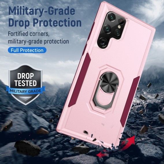 Samsung Galaxy S23 Ultra Vollschutz Silikon Schutzhülle mit magnetischem Ringhalter Pink